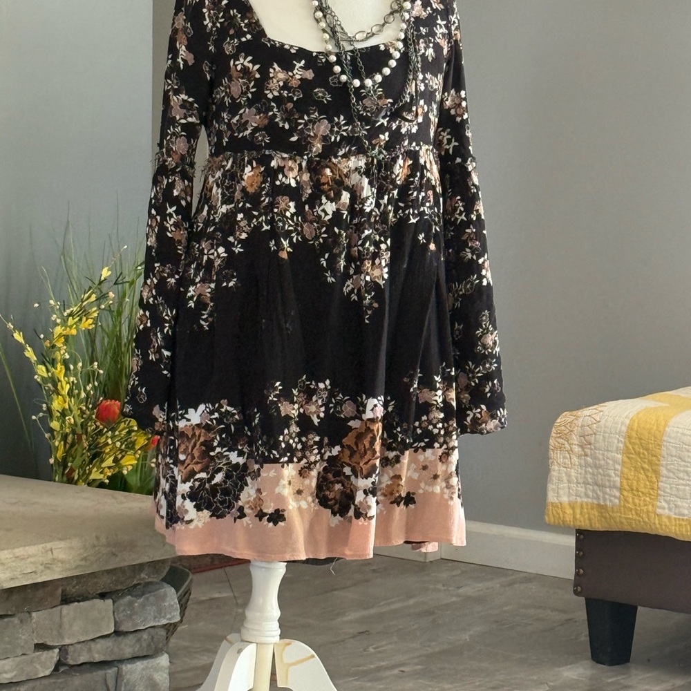 Free People Black Floral Midi Dress with Blush Hem